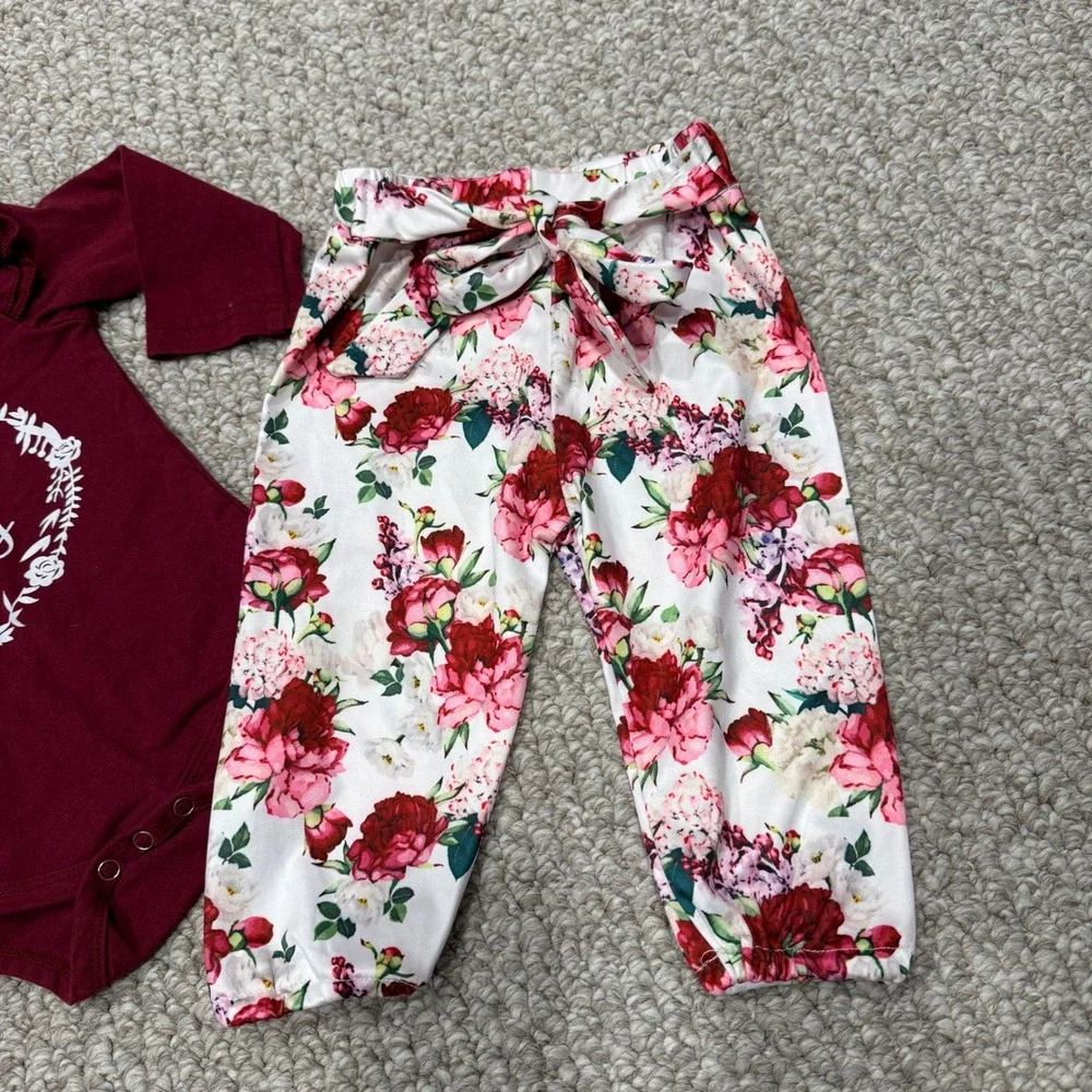 Baby Girl Ruffle Sleeve Bodysuit Floral Pants‎ Outfit Set Size 6-9 Months